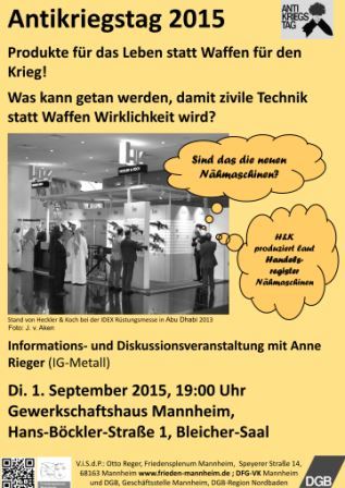 Plakat zur Antikriegstags-Veranstaltung am 1. 9. 2015 in Mannheim