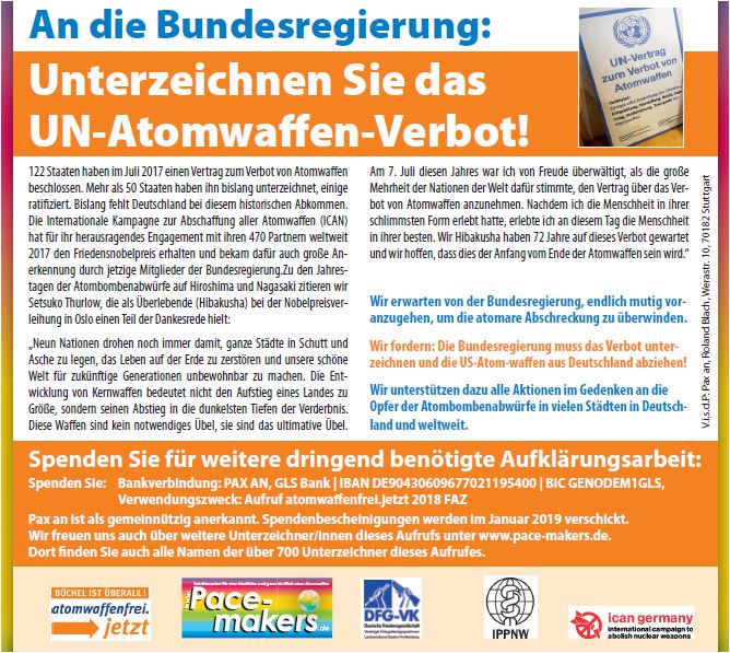 Zeitungsanzeige Petition für UN-Atomwaffenverbotsvertra