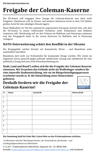 Unterschriftensammlung für die Freigabe der Coleman-Kaserne